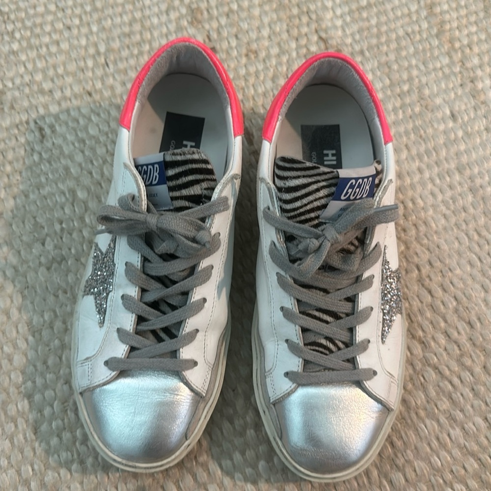 EUC Golden Goose white Sneakers Hi Star style. Pink/silver/zebra detail